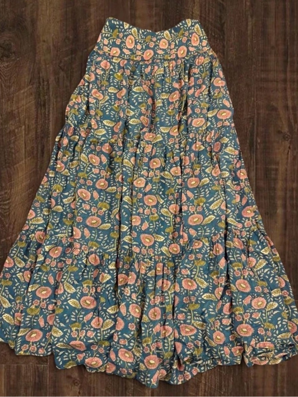 NATURAL LIFE Teal Maxi Skirt with Pink Floral Print